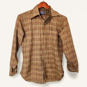 Pendleton 60s Wool Checked Lodge Shirt Brown Plaid‎ Medium Vintage Outdoors